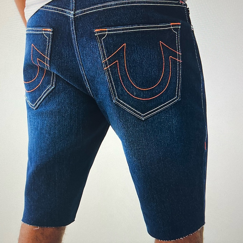 True Religion Dark Blue Jean Shorts with Orange Stitching